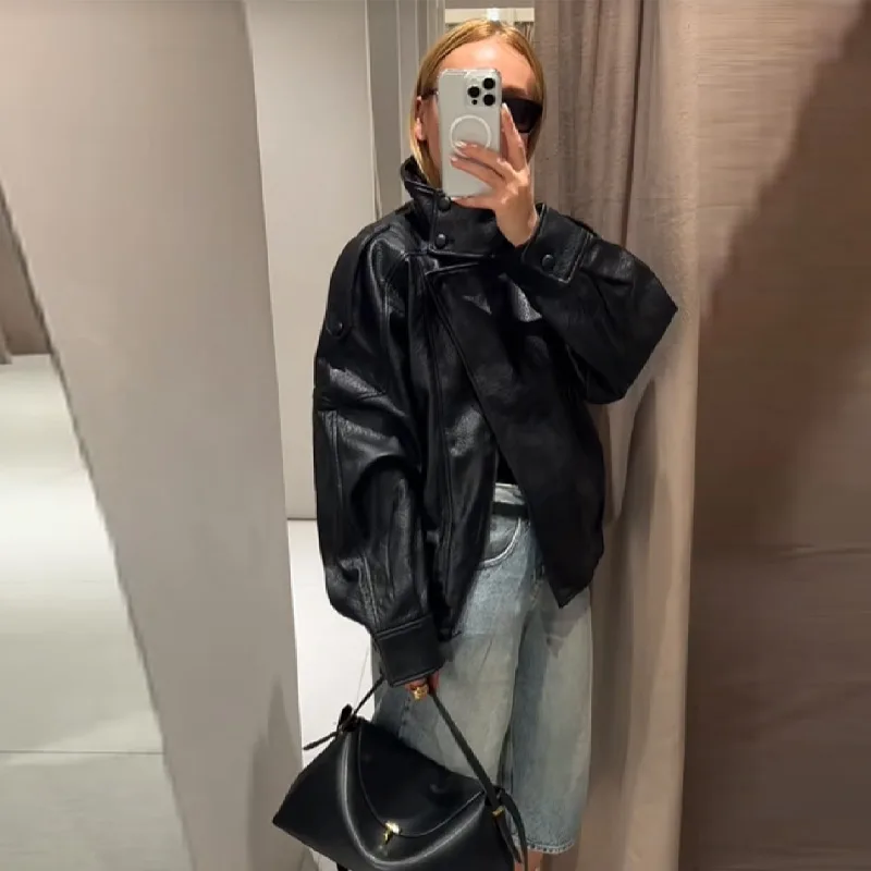 Vintage Chic Pu Leather Jacket Fashion Cool Casual Versatile Coat Stand-collar Loose Outerwear Autumn Streetwear Women's Clothes
Vintage Chic Pu Leather Jacket Fashion Cool Casual Versatile Coat Stand-collar Loose Outerwear Autumn Streetwear Women's Clothes