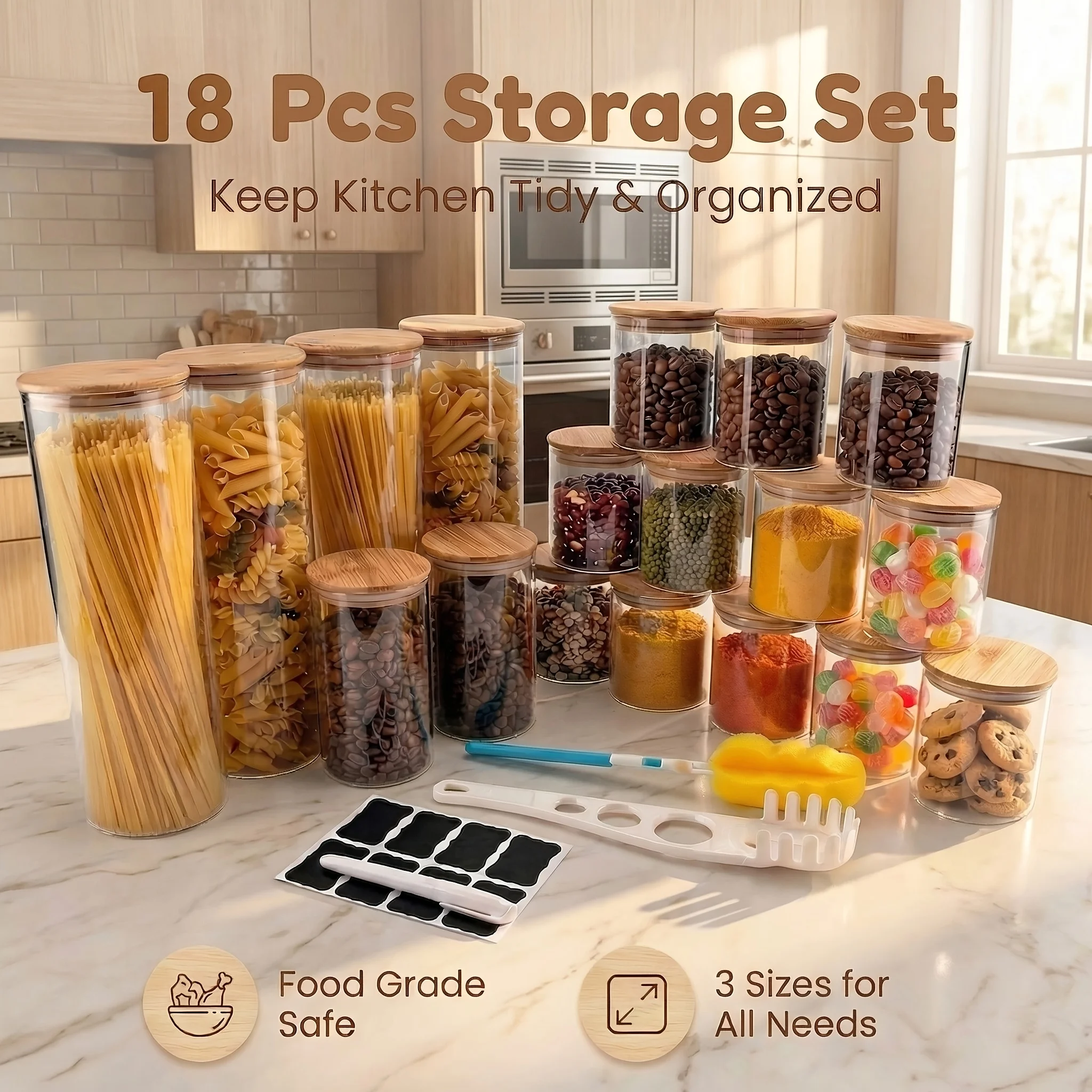 9/18pcs Set of Sealed Glass Jars, Wide-Mouth Transparent Glass Food Storage Containers, Kitchen Glass Jars with Built-In Coffee Beans, Noodles, Nuts And Other Dry Labels, And Also Includes Pasta Clips, Cleaning Brushes, Stickers And Pens
9/18pcs Set of Sealed Glass Jars, Wide-Mouth Transparent Glass Food Storage Containers, Kitchen Glass Jars with Built-In Coffee Beans, Noodles, Nuts And Other Dry Labels, And Also Includes Pasta Clips, Cleaning Brushes, Stickers And Pens
