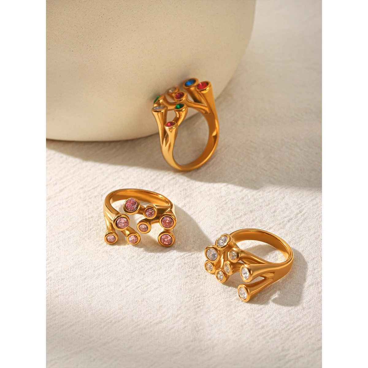 18K Gold Plated Stainless Steel Coral Branch Zirconia Ring Colorful CZ Tarnish Resistant Waterproof Jewelry For Women
18K Gold Plated Stainless Steel Coral Branch Zirconia Ring Colorful CZ Tarnish Resistant Waterproof Jewelry For Women