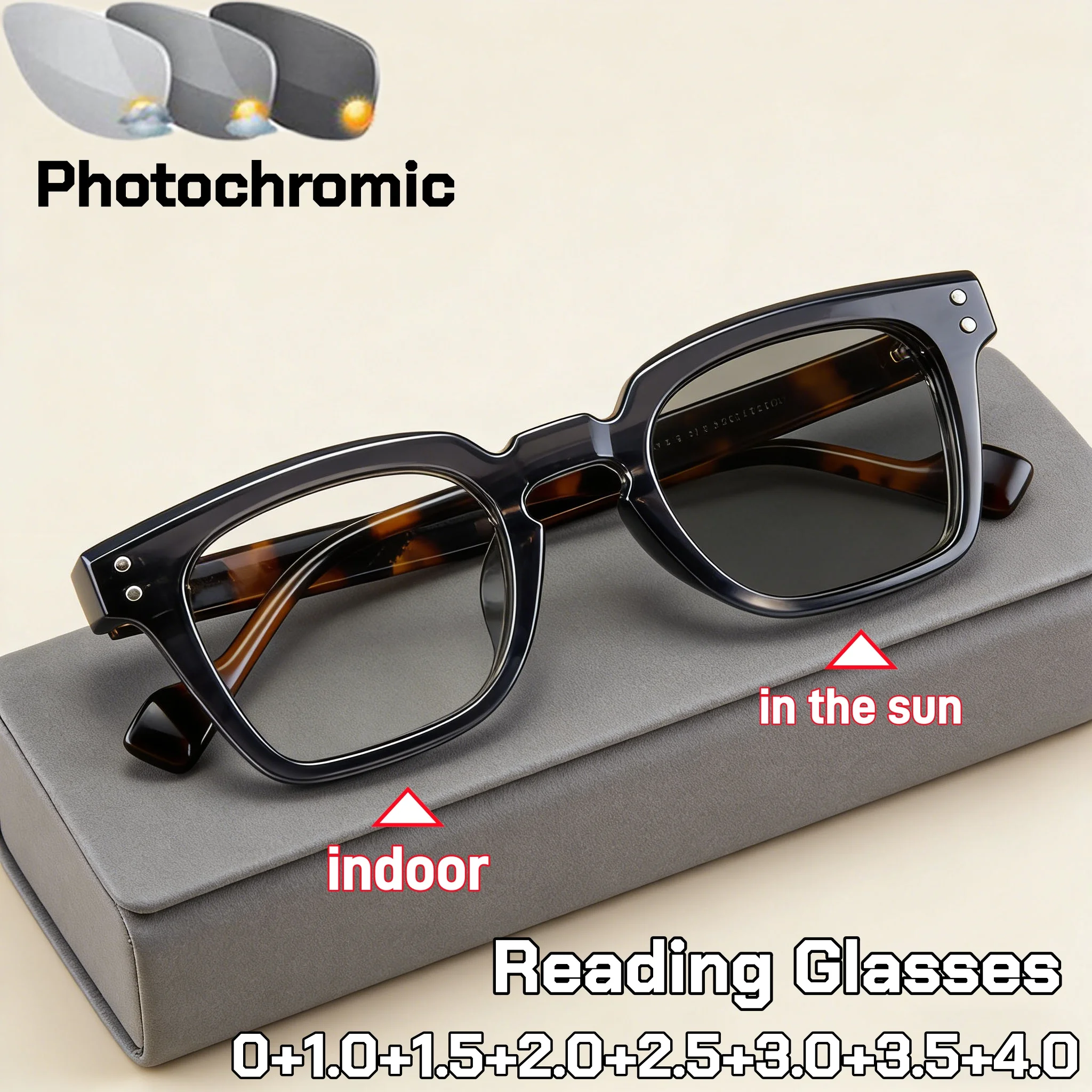 New Square Thick Frame Photochromic Reading Glasses Outdoor UV Protection Anti Blue Light Color Changing Presbyopia Eyeglasses
New Square Thick Frame Photochromic Reading Glasses Outdoor UV Protection Anti Blue Light Color Changing Presbyopia Eyeglasses