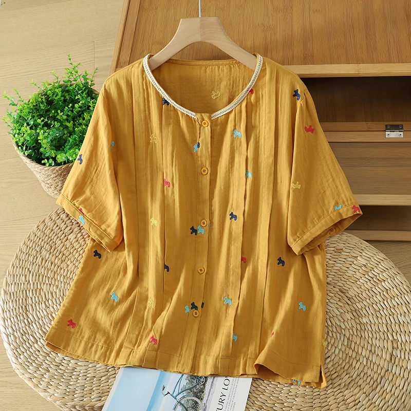 Loose Fit Short Sleeve Cotton Embroidered Shirt Women's Summer Top Breathable Comfortable Large Size Double Layered Shirt
Loose Fit Short Sleeve Cotton Embroidered Shirt Women's Summer Top Breathable Comfortable Large Size Double Layered Shirt