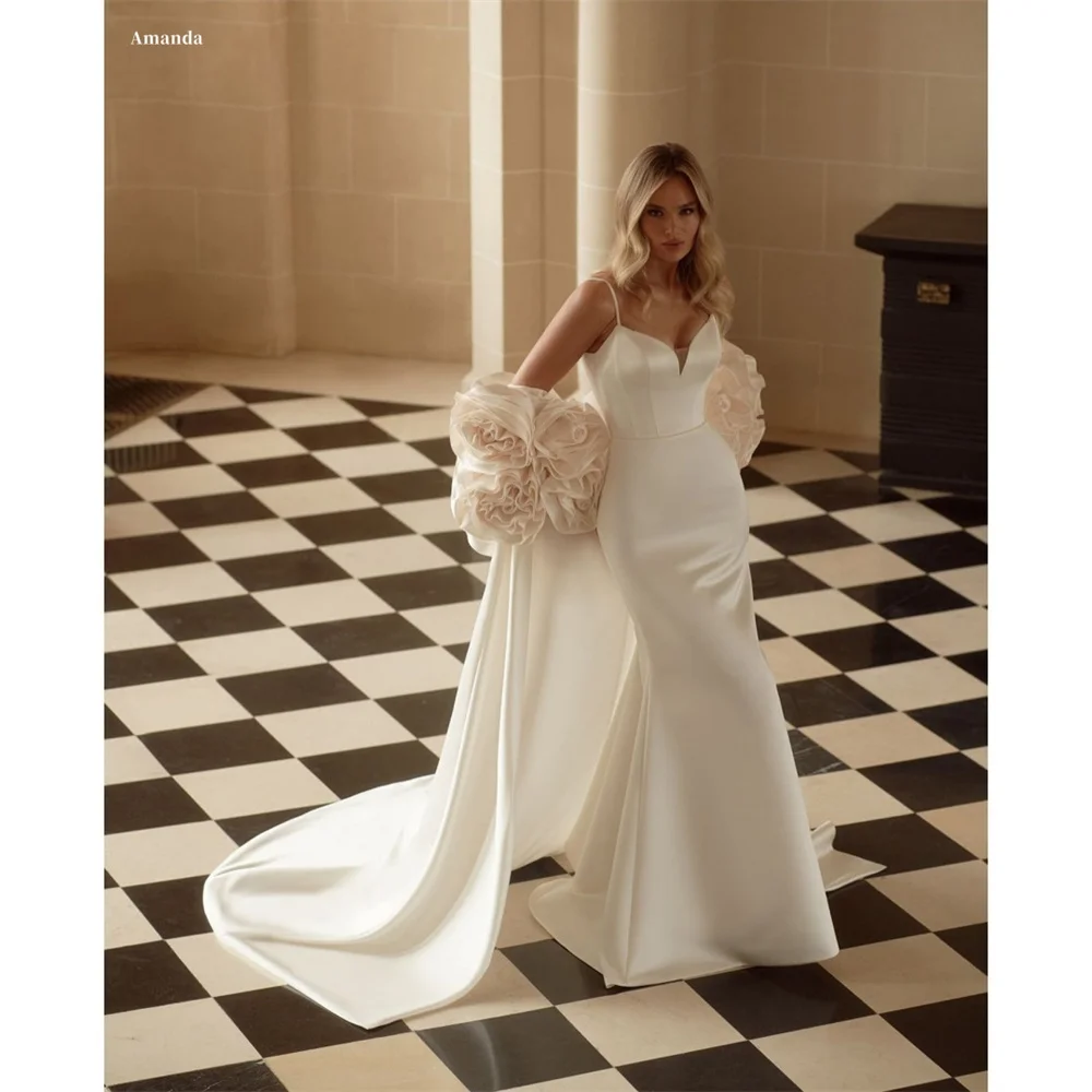 Amanda индивидуальные свадебные платья на тонких бретельках с цветочной шалью, длинные платья со шлейфом, без рукавов, торжественное вечернее платье 
Amanda индивидуальные свадебные платья на тонких бретельках с цветочной шалью, длинные платья со шлейфом, без рукавов, торжественное вечернее платье