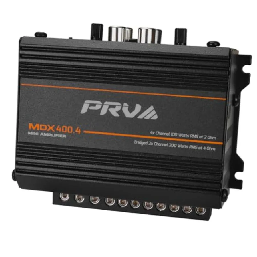 Car audio amplifier for compact stereo systems, aluminum chassis, black finish, 4-channel 400W RMS at 2 ohm with bridging capab
Car audio amplifier for compact stereo systems, aluminum chassis, black finish, 4-channel 400W RMS at 2 ohm with bridging capab
