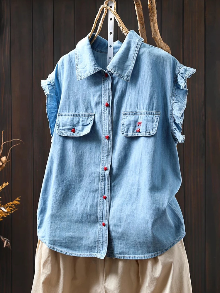 Women Cotton Denim Casual Shirt New 2025 Summer Simple Style Solid Color Flying Sleeve Female Sleeveless Tops Shirts M1125
Women Cotton Denim Casual Shirt New 2025 Summer Simple Style Solid Color Flying Sleeve Female Sleeveless Tops Shirts M1125
