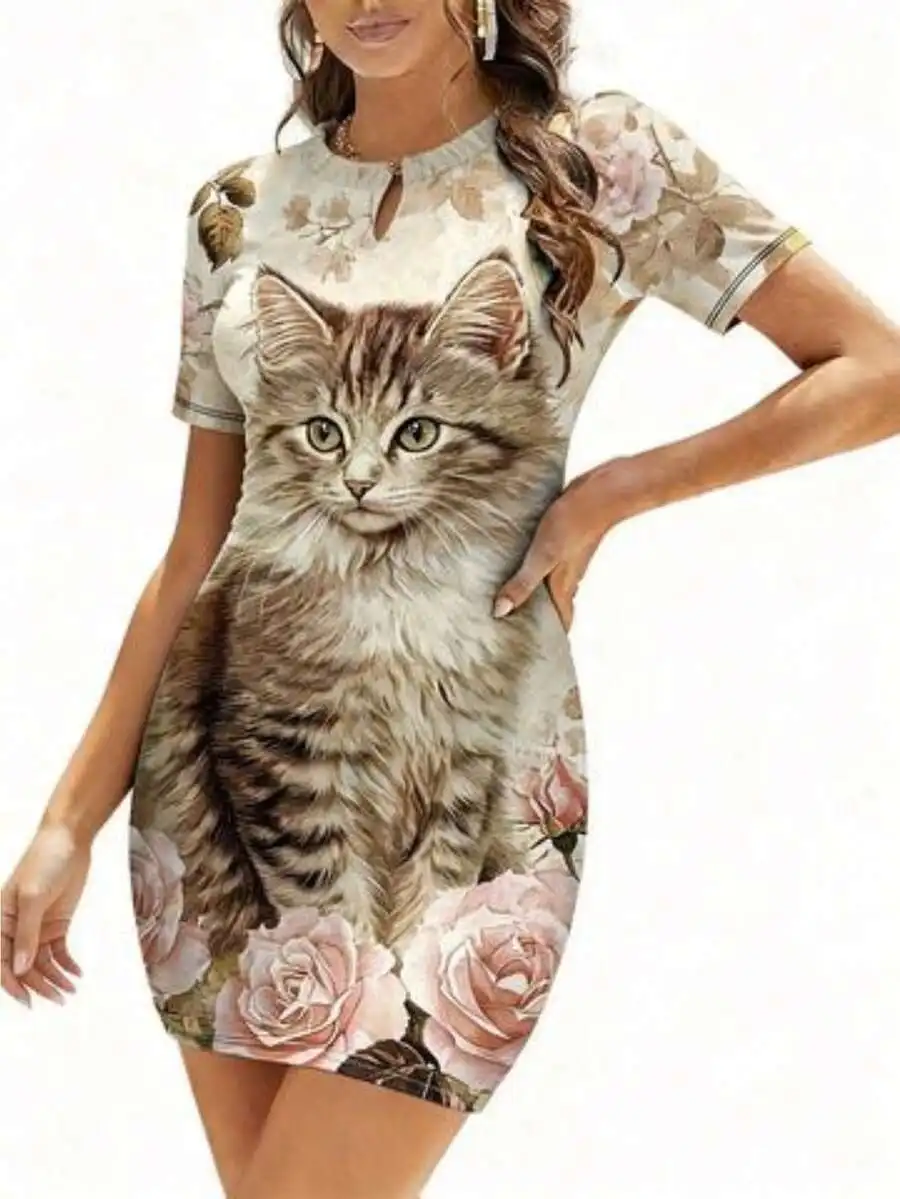 Fluffy Cat And Rose Print Short Sleeve Mini Dress For Women Round Neck Stretchy Casual Summer Dress
Fluffy Cat And Rose Print Short Sleeve Mini Dress For Women Round Neck Stretchy Casual Summer Dress