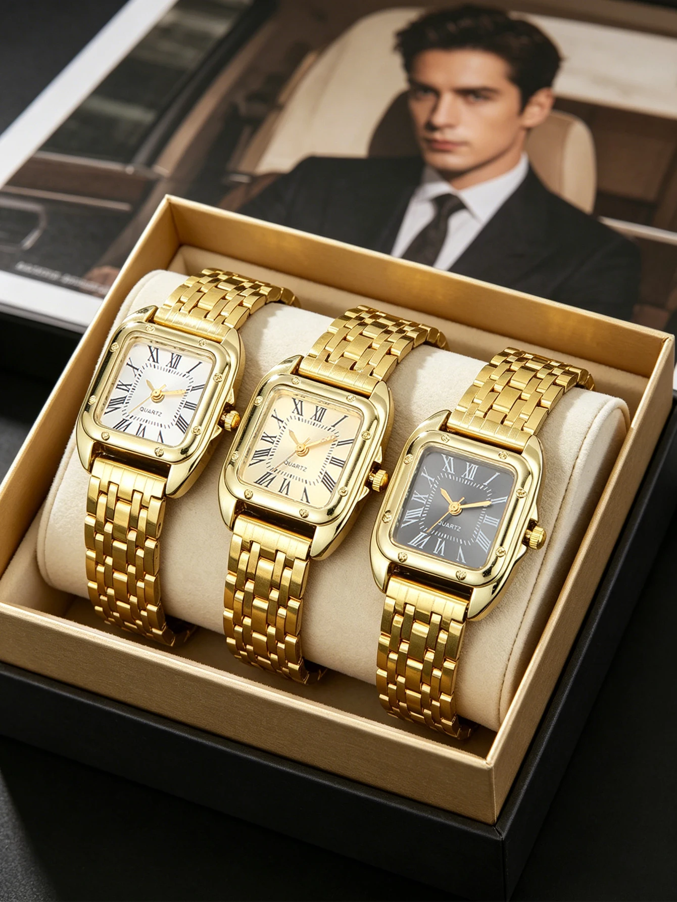Men's/Women's Gold Square Watch, Roman Numeral Dial Quartz Wristwatch with Steel Band
Men's/Women's Gold Square Watch, Roman Numeral Dial Quartz Wristwatch with Steel Band
