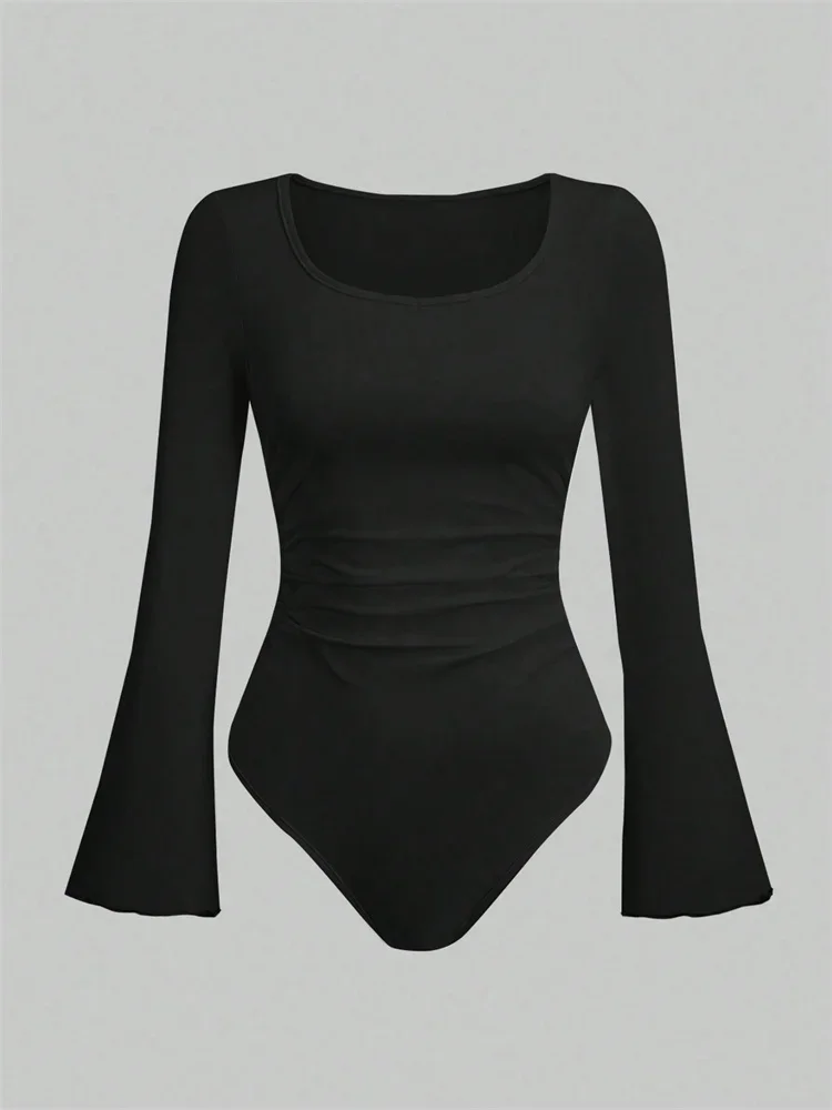 Women's Solid Color Ruffle Hem Flare Long Sleeve Bodysuit Autumn Winter 2025 Round Neck Plain Ruched Slim Fit Romper Top
Women's Solid Color Ruffle Hem Flare Long Sleeve Bodysuit Autumn Winter 2025 Round Neck Plain Ruched Slim Fit Romper Top