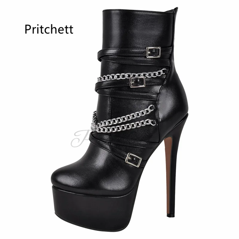 Metal Chain Platform Ankle Boots Black Leather High Heels Women's Boots Round Toe Belt Buckle Side Zipper Stiletto Fashion Shoes
Metal Chain Platform Ankle Boots Black Leather High Heels Women's Boots Round Toe Belt Buckle Side Zipper Stiletto Fashion Shoes