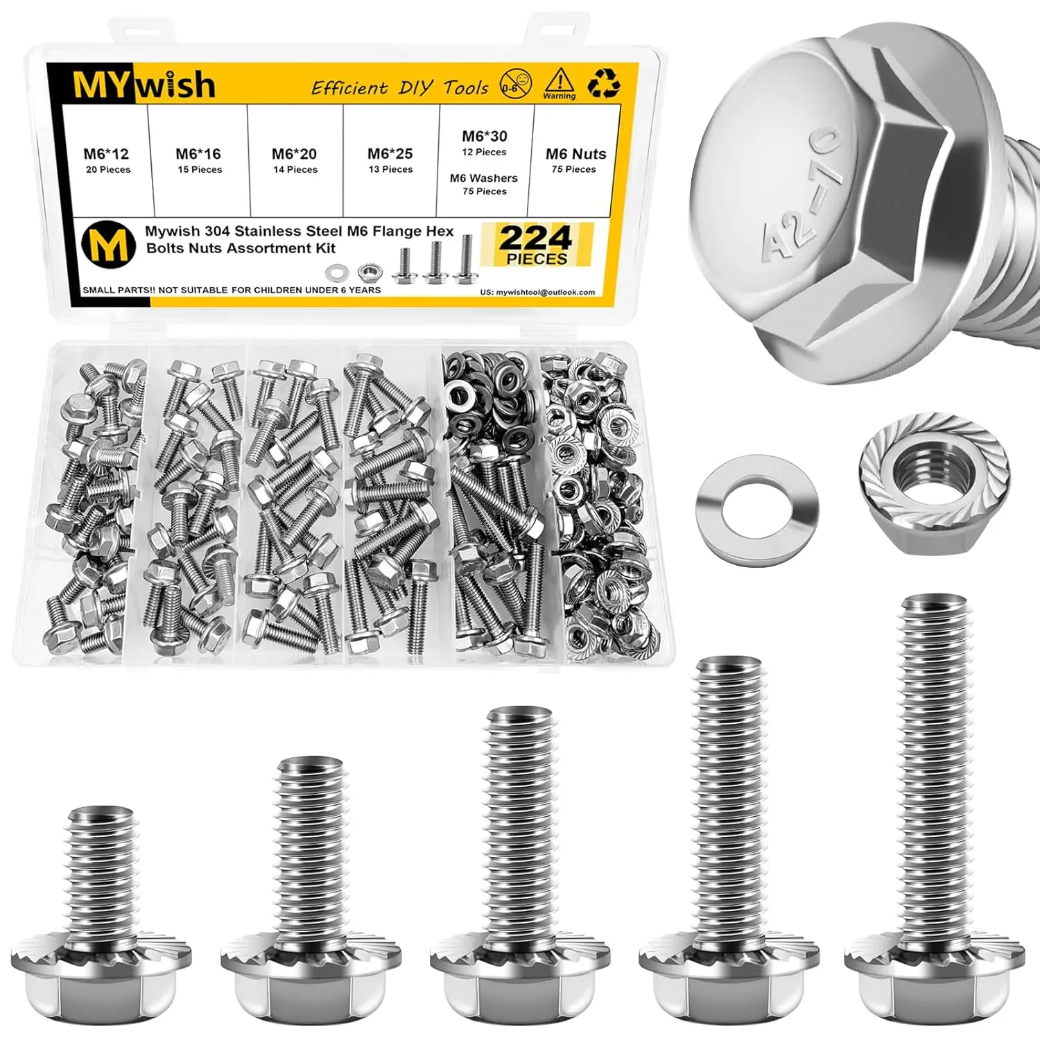 224Pcs M6 Bolt Assortment with Flange Nuts and Washers, 304 Stainless Steel Metric Bolts in 12-30mm Lengths
224Pcs M6 Bolt Assortment with Flange Nuts and Washers, 304 Stainless Steel Metric Bolts in 12-30mm Lengths