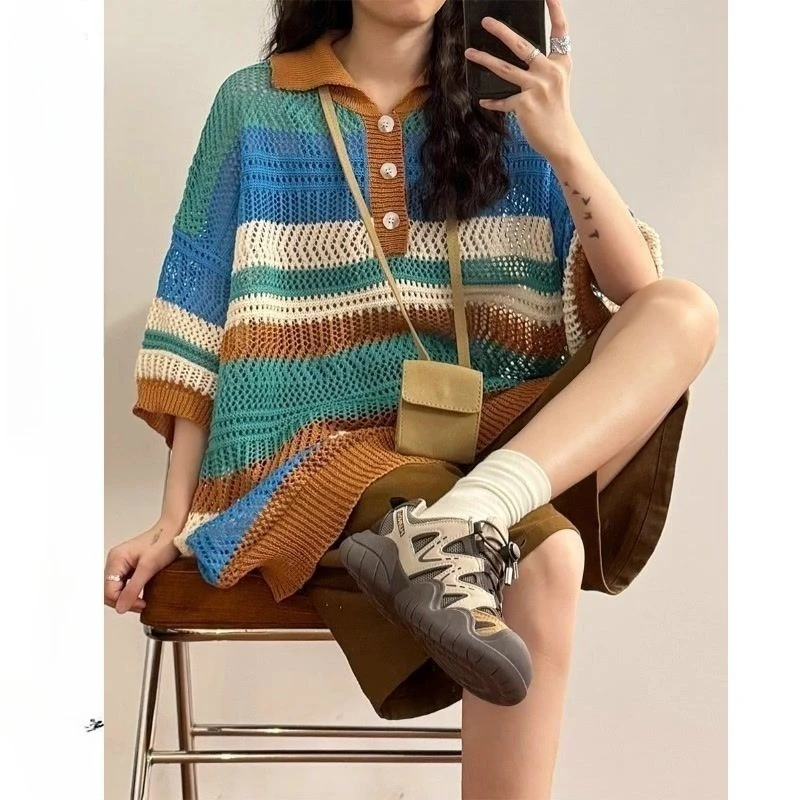 American Summer Retro Contrasting Striped Hollow Knitted Short Sleeved Polo Shirt T-shirt Korean Version Ins Top Female Clothing
American Summer Retro Contrasting Striped Hollow Knitted Short Sleeved Polo Shirt T-shirt Korean Version Ins Top Female Clothing