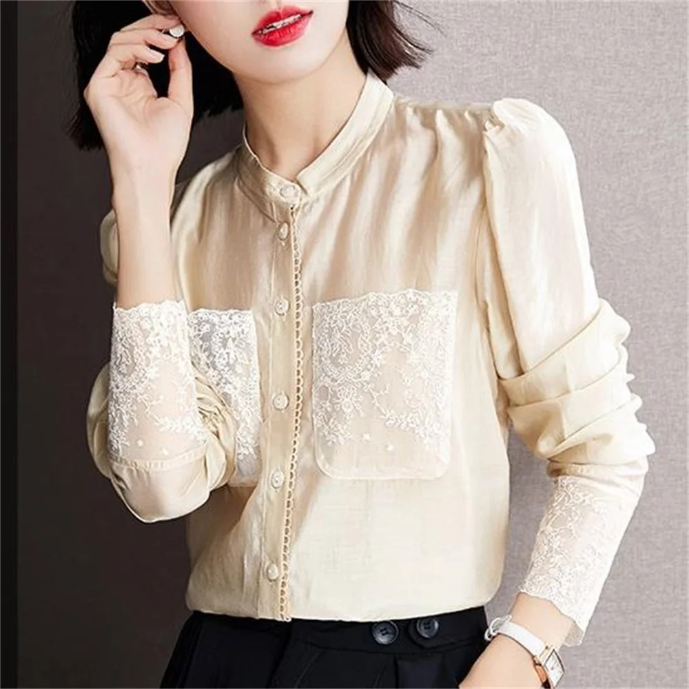 Lace Embroidered Long Sleeve Shirt Women Design Pocket Single Breasted Top chemises femme
Lace Embroidered Long Sleeve Shirt Women Design Pocket Single Breasted Top chemises femme