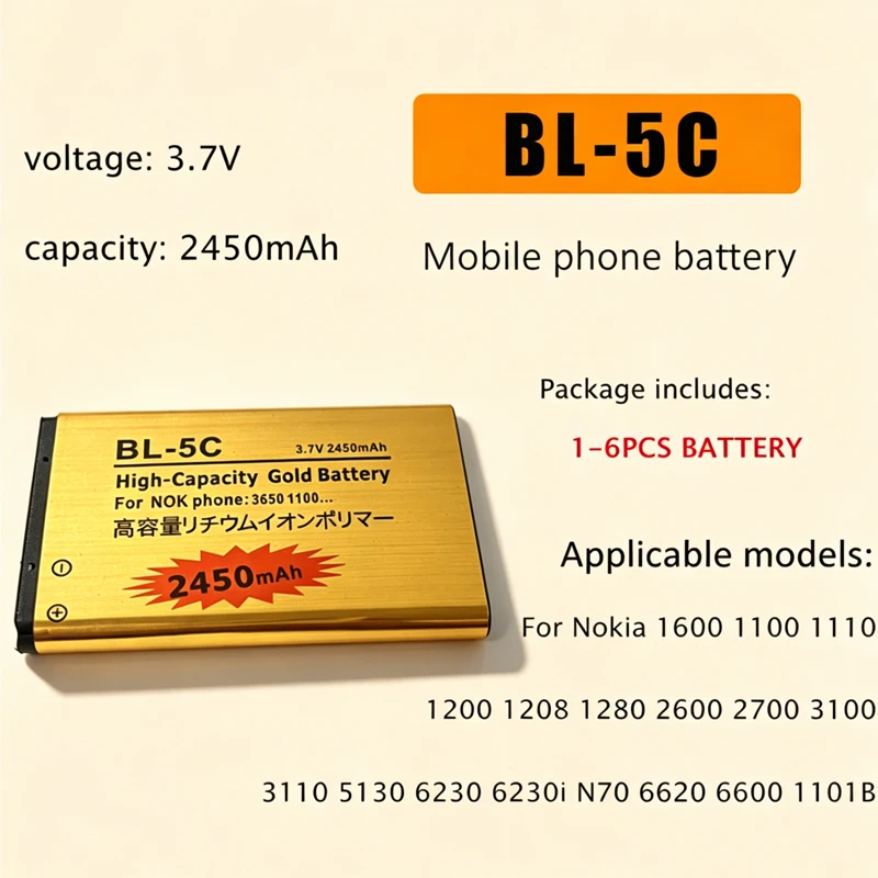 BL-5C Battery 3.7V BL5C 2450mAh for Nokia BL5C 1600 6230 2600 1100 1110 1200 1208 2700 3100 3110 N70 Mobile Phone Battery
BL-5C Battery 3.7V BL5C 2450mAh for Nokia BL5C 1600 6230 2600 1100 1110 1200 1208 2700 3100 3110 N70 Mobile Phone Battery