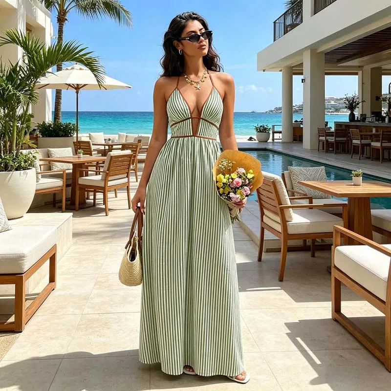 Women's Backless Dress Sexy Deep V-neck Striped Dress Female Beach Halter Vocation Wear Summer Fashion Sleeveless Maxi Dress
Women's Backless Dress Sexy Deep V-neck Striped Dress Female Beach Halter Vocation Wear Summer Fashion Sleeveless Maxi Dress
