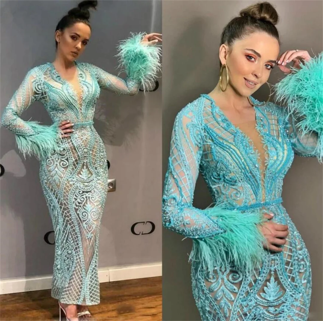 Feather Ankle Length Evening Dresses Sky Blue Sheer Neck Prom Gowns Custom Made Lace Appliques Jewel Glamorous Party Dresses
Feather Ankle Length Evening Dresses Sky Blue Sheer Neck Prom Gowns Custom Made Lace Appliques Jewel Glamorous Party Dresses
