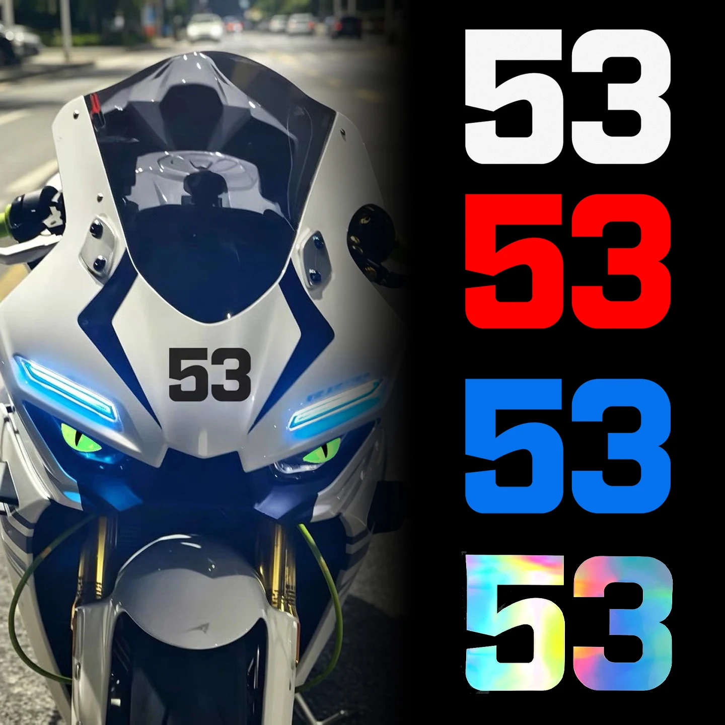 Bold Racing Number 53 Decals Waterproof Vinyl Stickers White Red Blue Holographic for Bike Auto Helmet
Bold Racing Number 53 Decals Waterproof Vinyl Stickers White Red Blue Holographic for Bike Auto Helmet