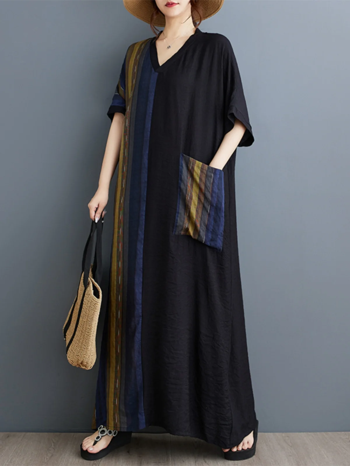 Slimming Long V-neck Short Sleeve Patchwork Color Block Cotton Linen Print Dress Summer Loose Fit A-line Skirt Thin Material
Slimming Long V-neck Short Sleeve Patchwork Color Block Cotton Linen Print Dress Summer Loose Fit A-line Skirt Thin Material