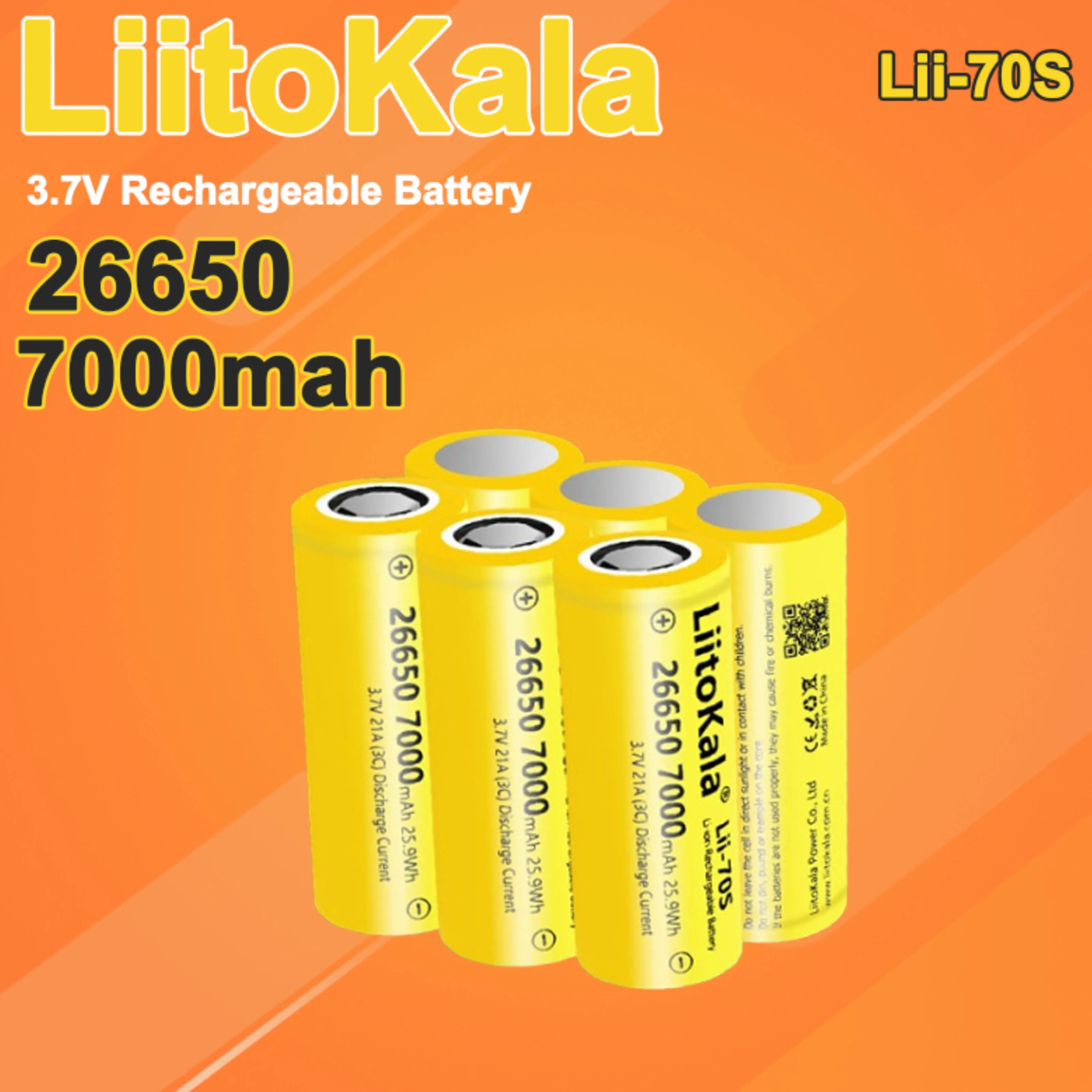 6pcs LiitoKala Lii-70S 26650 7000mAh Li-ion Battery 3.7V 21A High Discharge for Flashlights/Tools/Power Devices
6pcs LiitoKala Lii-70S 26650 7000mAh Li-ion Battery 3.7V 21A High Discharge for Flashlights/Tools/Power Devices