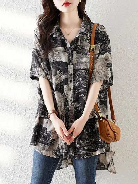 Новая женская летняя повседневная рубашка больших размеров с ретро-принтом, свободного кроя, скрывающая живот, миди-длина, шифоновый топ в корейском стиле с пуговицами
Новая женская летняя повседневная рубашка больших размеров с ретро-принтом, свободного кроя, скрывающая живот, миди-длина, шифоновый топ в корейском стиле с пуговицами