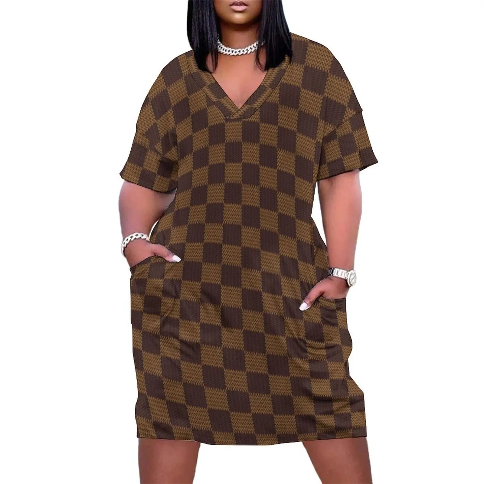 Brown Tan Checkered Pattern Loose Pocket Dress dress summer long dress women summer elegant women's sets
Brown Tan Checkered Pattern Loose Pocket Dress dress summer long dress women summer elegant women's sets