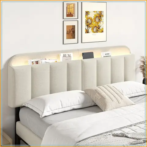 ONBRILL King Headboard with LED Light, Upholstered Storage, Linen, Adjustable, Easy Assemble, White