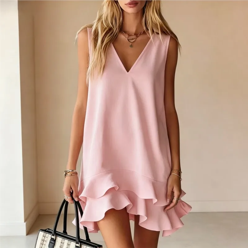 Fashion Solid Mini Dresses Summer New Women's Elegant Casual V-neck Sleeveless Ruffle Short Dress For Women Robe Femme Vestidos
Fashion Solid Mini Dresses Summer New Women's Elegant Casual V-neck Sleeveless Ruffle Short Dress For Women Robe Femme Vestidos