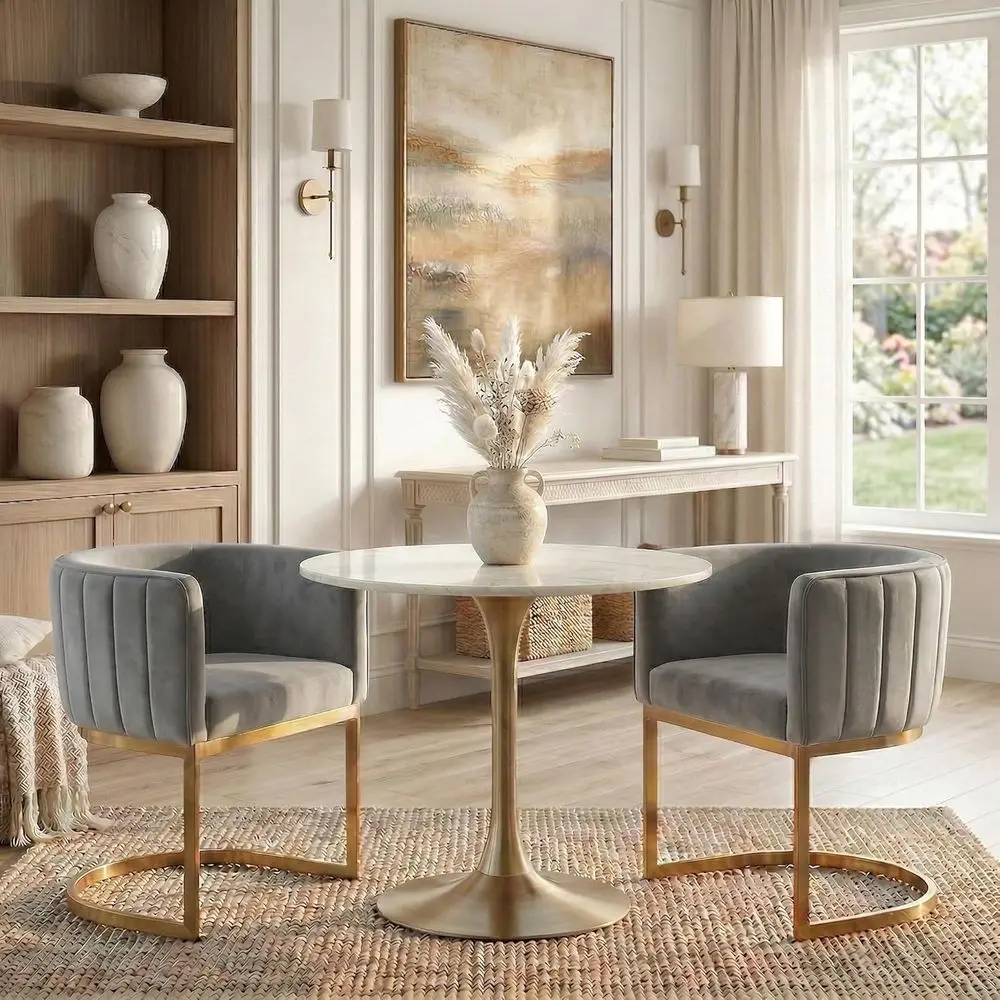 Set of 2 Modern Velvet Upholstered Barrel Chairs with Metal Legs for Kitchen, Living Room, Dining, or Lounge, Grey
Set of 2 Modern Velvet Upholstered Barrel Chairs with Metal Legs for Kitchen, Living Room, Dining, or Lounge, Grey