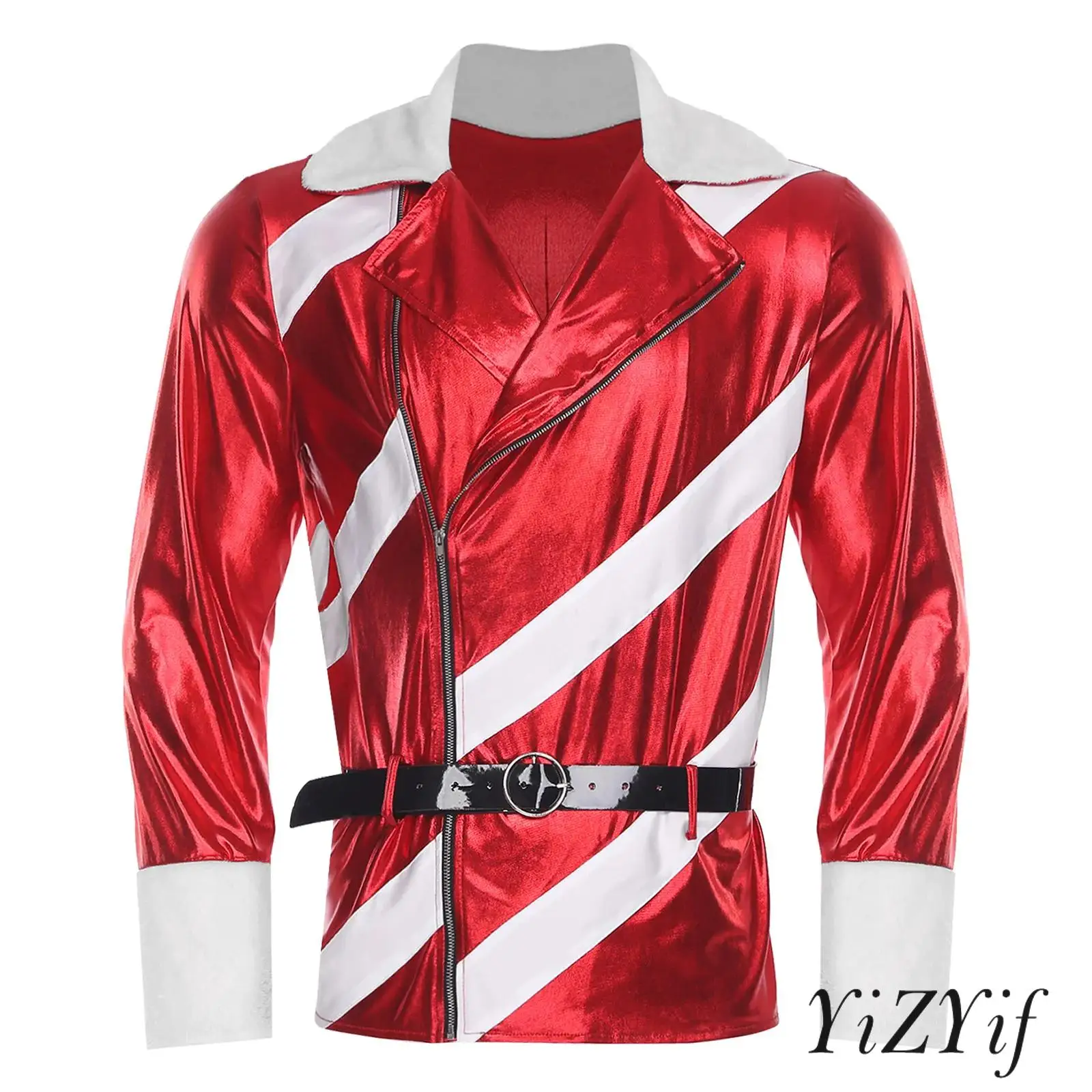 Men Contrast Color Christmas Jacket Notched Collar Long Sleeve Zipper Striped Metallic Coat with Adjustable Faux Leather Belt
Men Contrast Color Christmas Jacket Notched Collar Long Sleeve Zipper Striped Metallic Coat with Adjustable Faux Leather Belt
