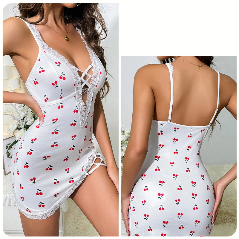 Sexy Cherry Print Nightgown Women's Lace Trim Lingerie Criss Cross Cami Mini Dress Cute Bodycon Chemise Trendy Nightwear New
Sexy Cherry Print Nightgown Women's Lace Trim Lingerie Criss Cross Cami Mini Dress Cute Bodycon Chemise Trendy Nightwear New