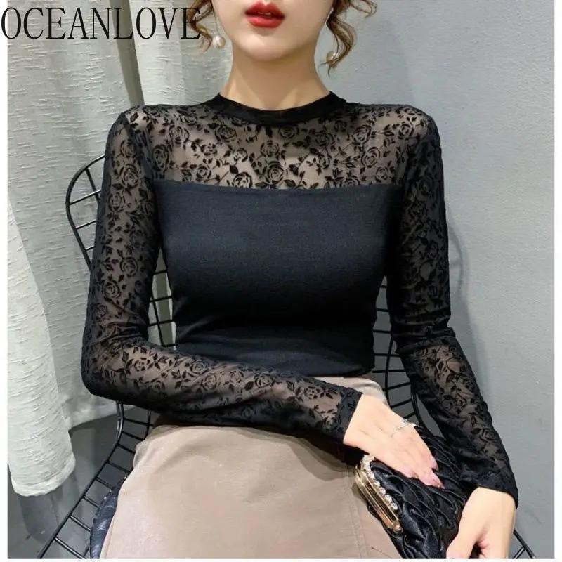 OCEANLOVE Lace Mesh T Shirt for Women Black Spring Autumn Long Sleeve Ropa De Mujer Vintage Korean Fashion Basics T-shirts
OCEANLOVE Lace Mesh T Shirt for Women Black Spring Autumn Long Sleeve Ropa De Mujer Vintage Korean Fashion Basics T-shirts