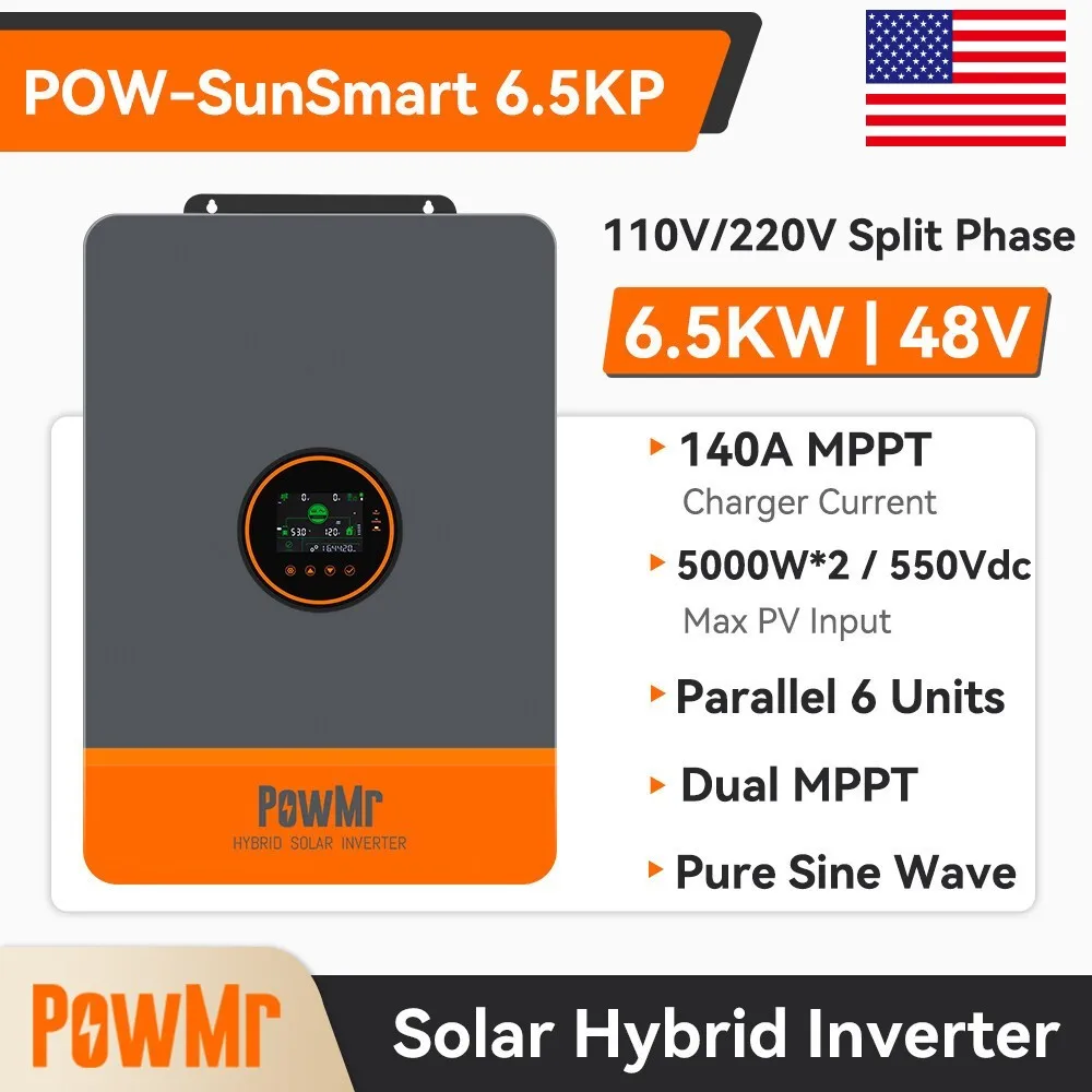 PowMr 48V 6.5KW Solar Inverter 120/240V Split Phase Dual MPPT 140A Charge Controller Compatible Battery or Batteryless 6Parallel
PowMr 48V 6.5KW Solar Inverter 120/240V Split Phase Dual MPPT 140A Charge Controller Compatible Battery or Batteryless 6Parallel