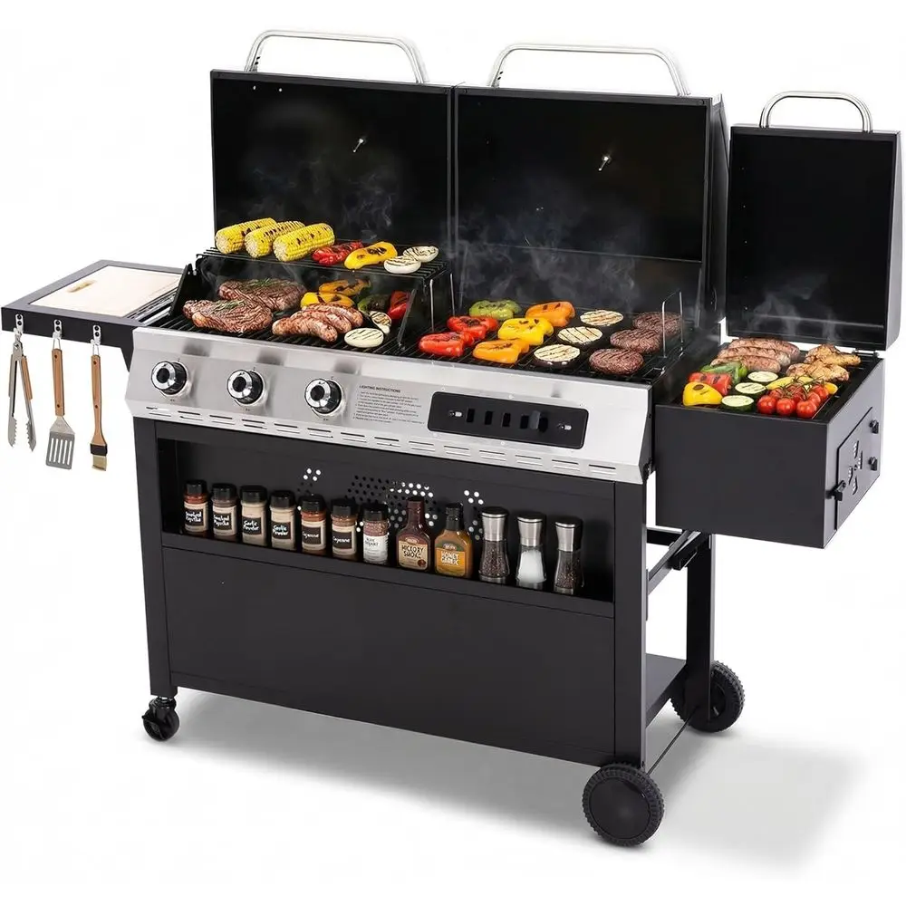 Triple Fuel BBQ Grill Combo with Smoker - 840 sq. in. Cooking Space, Heavy-Duty Propane or Charcoal Outdoor Cooking, Black
Triple Fuel BBQ Grill Combo with Smoker - 840 sq. in. Cooking Space, Heavy-Duty Propane or Charcoal Outdoor Cooking, Black
