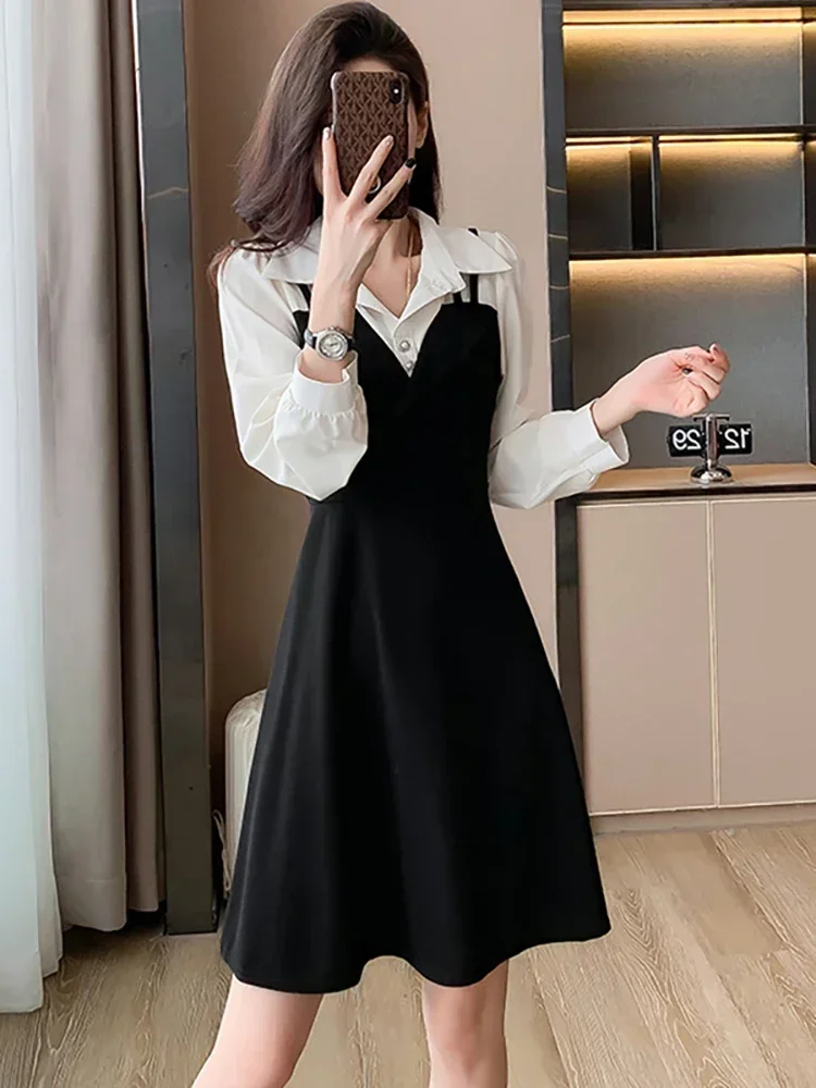 2025 Korean Bodycon Party Dress Autumn Winter Black Patchwork White Long Sleeve Midi Dress Women Elegant Polo Collar Shirt Dress
2025 Korean Bodycon Party Dress Autumn Winter Black Patchwork White Long Sleeve Midi Dress Women Elegant Polo Collar Shirt Dress