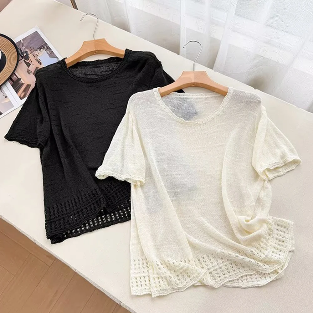 Women's Versatile Hollow Knitted Top Short Sleeve Summer Thin Unique Design Casual Loose Fit round Neck Basic Style T-shirt
Women's Versatile Hollow Knitted Top Short Sleeve Summer Thin Unique Design Casual Loose Fit round Neck Basic Style T-shirt