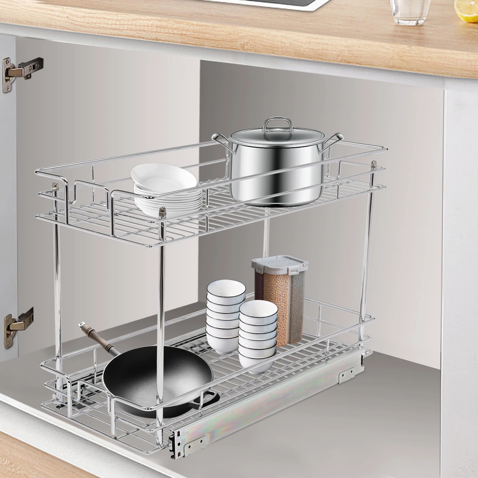 2-Tier Cabinet Pull Out Shelves, Kitchen Cabinet Organizer with Rubber Rail Lock Suitable for Bathrooms, Laundry Rooms, Kitchens
2-Tier Cabinet Pull Out Shelves, Kitchen Cabinet Organizer with Rubber Rail Lock Suitable for Bathrooms, Laundry Rooms, Kitchens