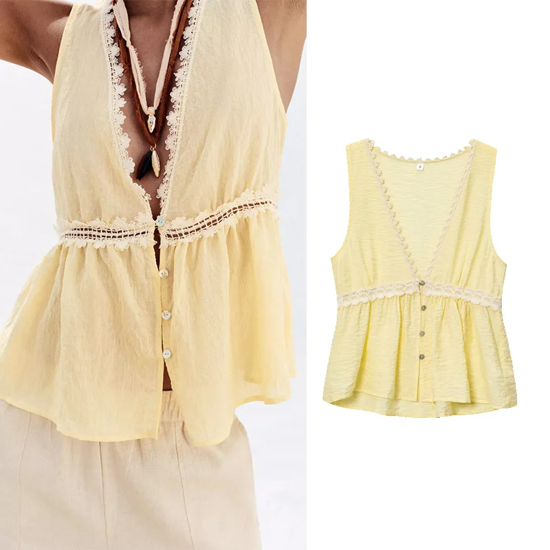 TRAF Women Lace Trim Top V Neck Sleeveless Summer Contrasting Women's Waistcoat With Button Casual Tank Top Female Chic Tops
TRAF Women Lace Trim Top V Neck Sleeveless Summer Contrasting Women's Waistcoat With Button Casual Tank Top Female Chic Tops