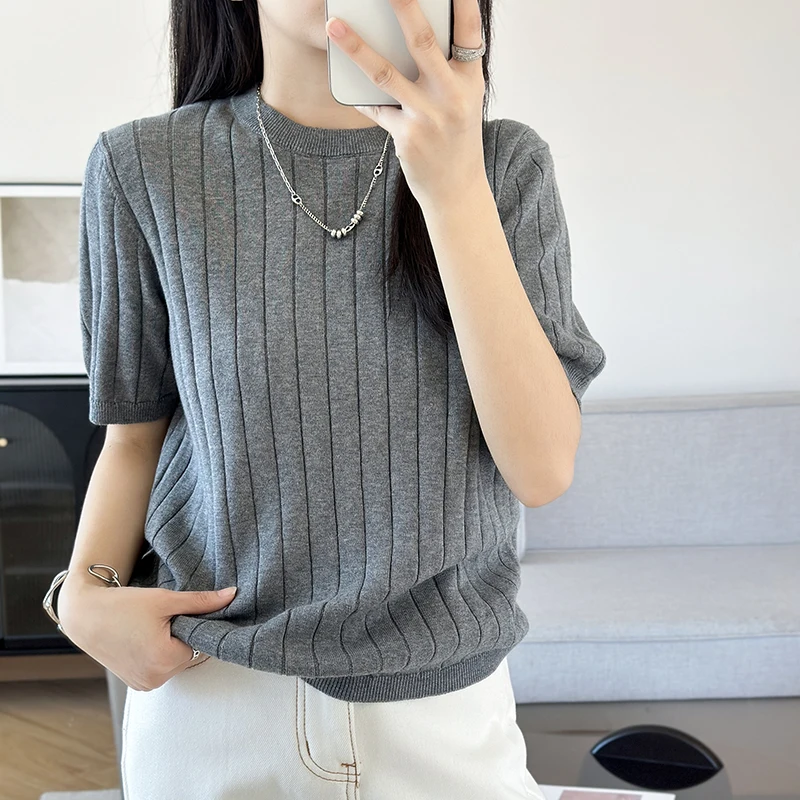 100% pure cotton women's T-shirt vertical stripe woven pullover sweater knitted short sleeved round neck casual T-shirt vest top
100% pure cotton women's T-shirt vertical stripe woven pullover sweater knitted short sleeved round neck casual T-shirt vest top