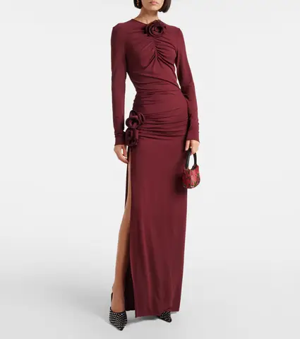 Women Long Sleeve Red Front Rose Red Sheath Midi Long Dress