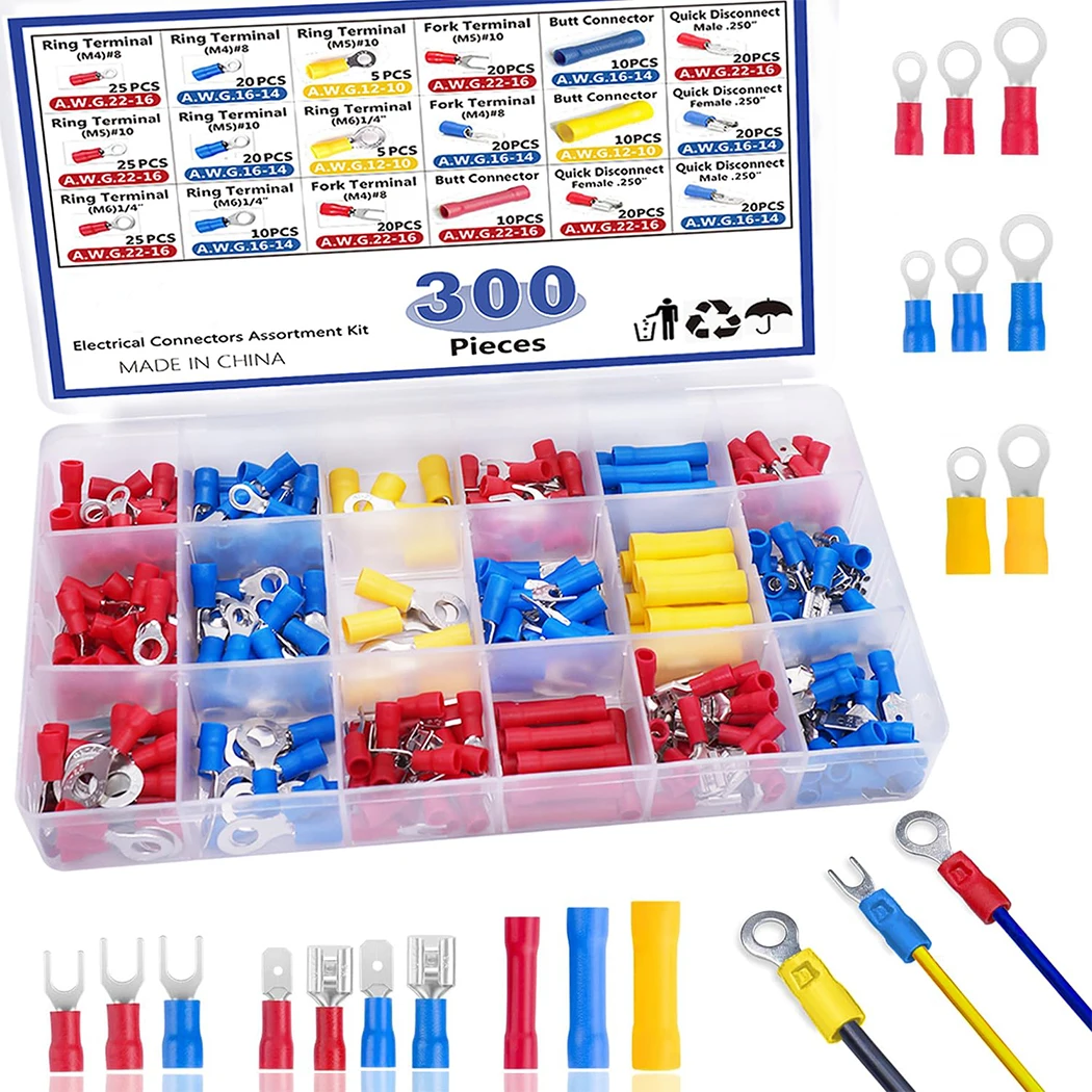300 PCS Insulated Wire Electrical Connectors - Butt, Ring, Spade, Quick Disconnect - Crimp Terminals Connectors Assortment Kit
300 PCS Insulated Wire Electrical Connectors - Butt, Ring, Spade, Quick Disconnect - Crimp Terminals Connectors Assortment Kit