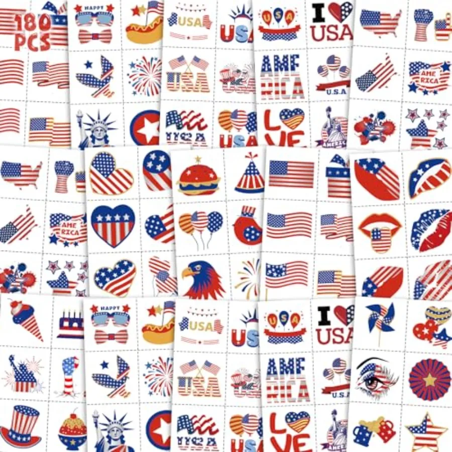 180Pcs Patriots-Tattoos Red-White and Blue - 4th of July American USA Flag Tattoos Individually Sheets Fourth of July Stickers
180Pcs Patriots-Tattoos Red-White and Blue - 4th of July American USA Flag Tattoos Individually Sheets Fourth of July Stickers