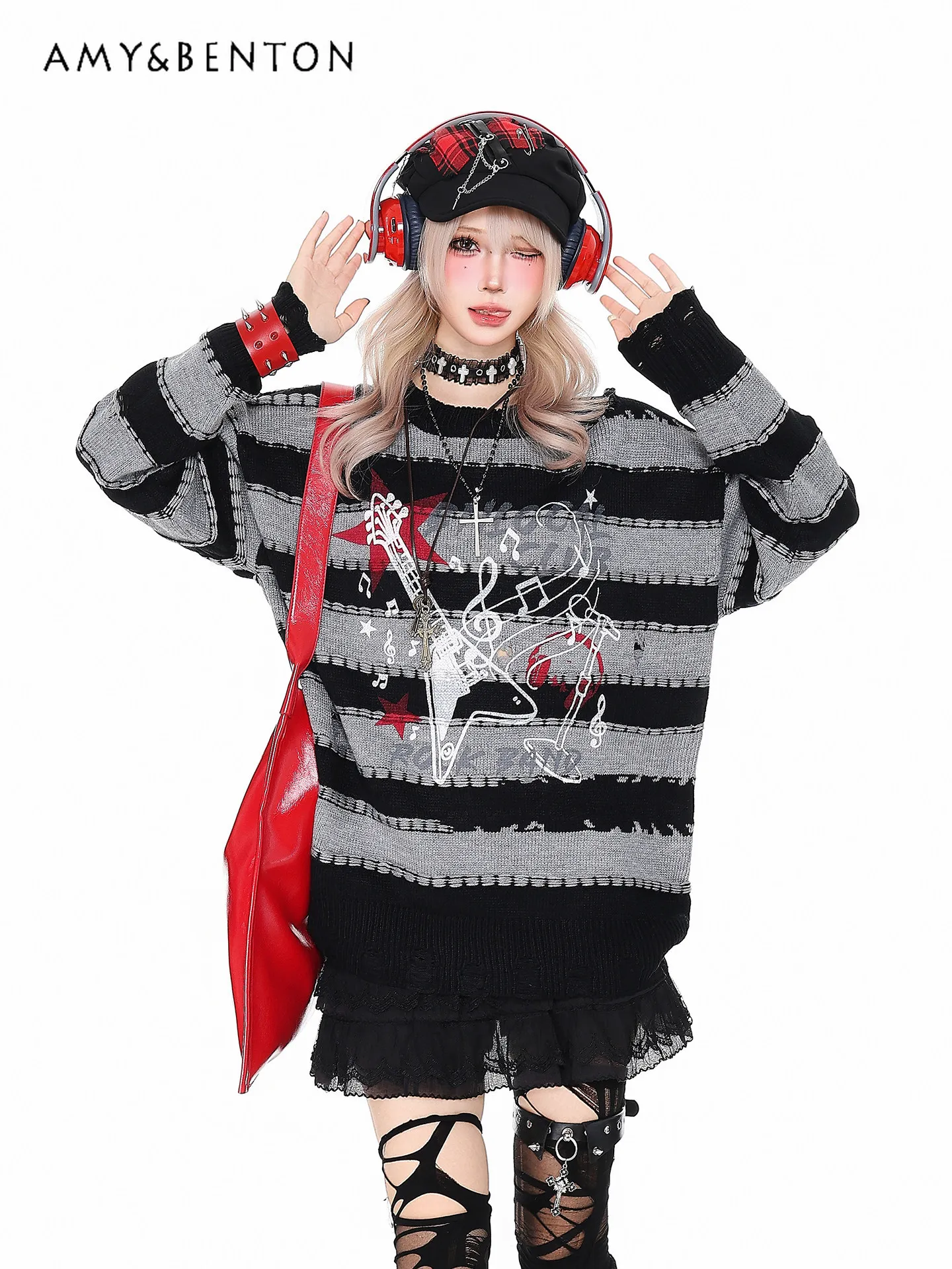 Autumn Winter New Vintage Subculture Guitar Print Striped Sweater Women's Loose Casual Gray Pullover Knitted Top
Autumn Winter New Vintage Subculture Guitar Print Striped Sweater Women's Loose Casual Gray Pullover Knitted Top