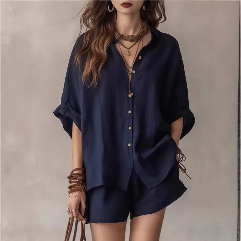 Flip Collar Casual Loose Single Breasted Short Sleeved Shirt With Pockets High Waisted Shorts Two-piece Set Womens Commuting Set
Flip Collar Casual Loose Single Breasted Short Sleeved Shirt With Pockets High Waisted Shorts Two-piece Set Womens Commuting Set