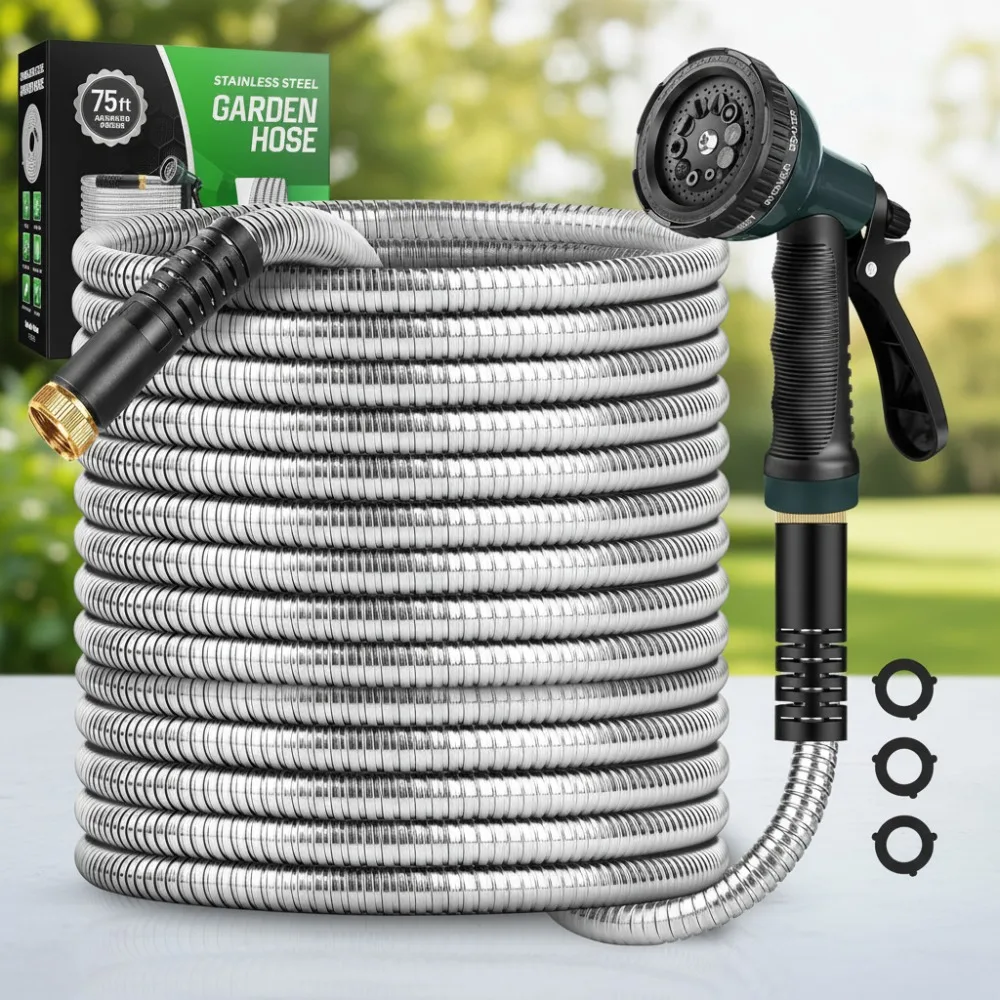 75FT Stainless Steel Garden Hose with 10-Function Nozzle, Leak-Proof, Kink-Free, Lightweight for Yard & Car Washing
75FT Stainless Steel Garden Hose with 10-Function Nozzle, Leak-Proof, Kink-Free, Lightweight for Yard & Car Washing