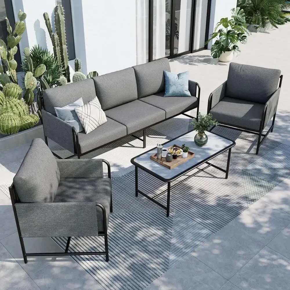 5-Seat Outdoor Patio Furniture Set with Textured Coffee Table and Grey Olefin Fabric Backrests
5-Seat Outdoor Patio Furniture Set with Textured Coffee Table and Grey Olefin Fabric Backrests