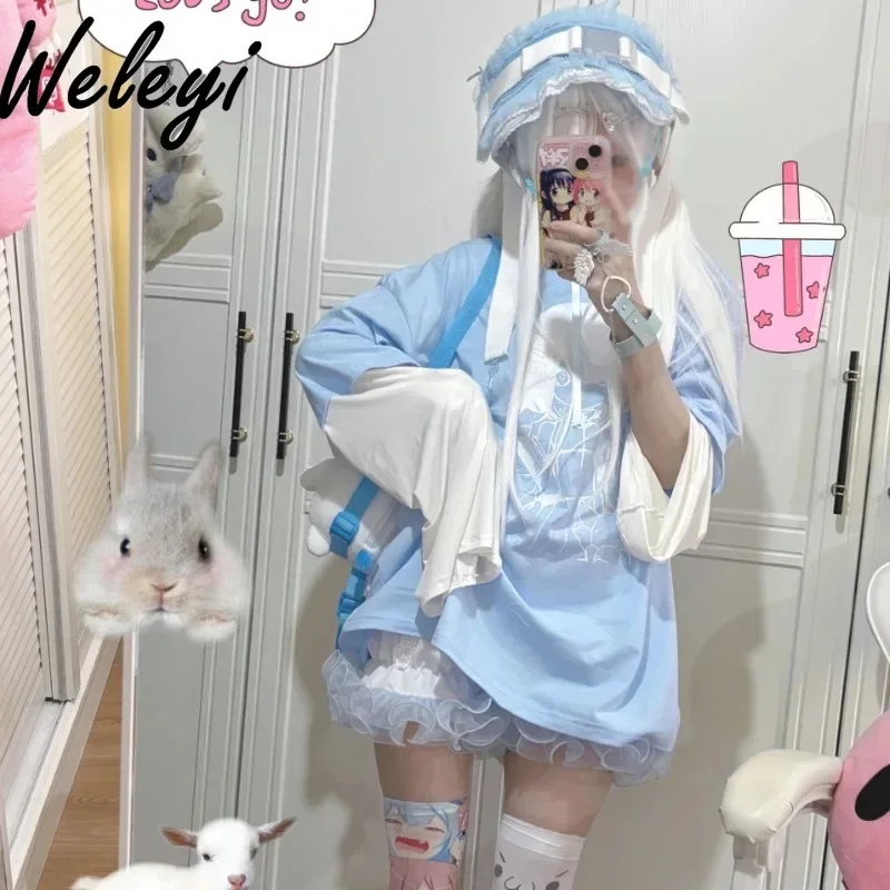 Japanese Sweet Jirai Kei T-shirt Woman 2024 Spring Summer Fashion All Matching Printed Blue and White Stitching Long Sleeve Tops
Japanese Sweet Jirai Kei T-shirt Woman 2024 Spring Summer Fashion All Matching Printed Blue and White Stitching Long Sleeve Tops