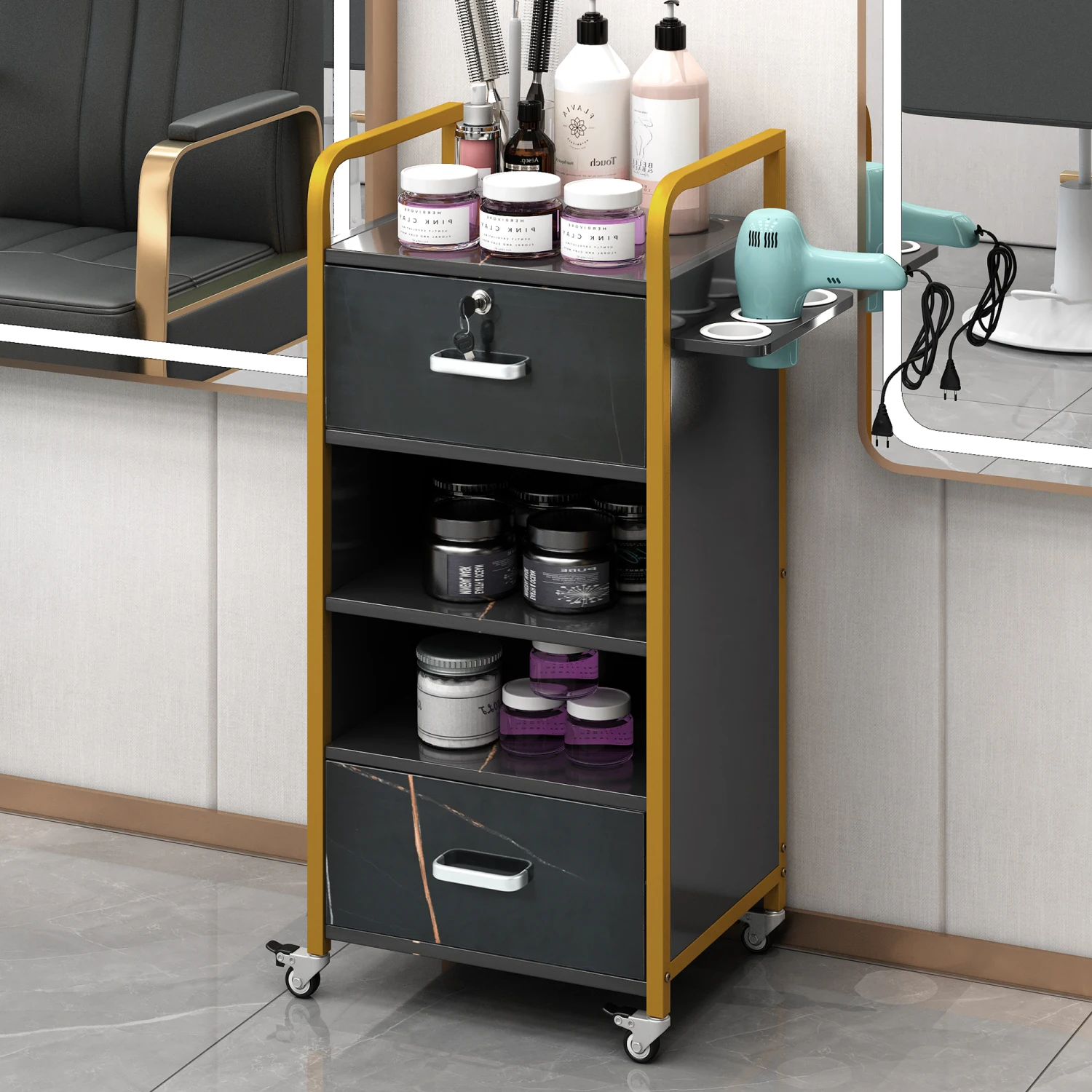 Locking Salon Storage Cabinet,Beauty Barber Salon Styling Station Organizer Equipment with 3 Hair Dryer Holder, 2 Drawers for Be
Locking Salon Storage Cabinet,Beauty Barber Salon Styling Station Organizer Equipment with 3 Hair Dryer Holder, 2 Drawers for Be