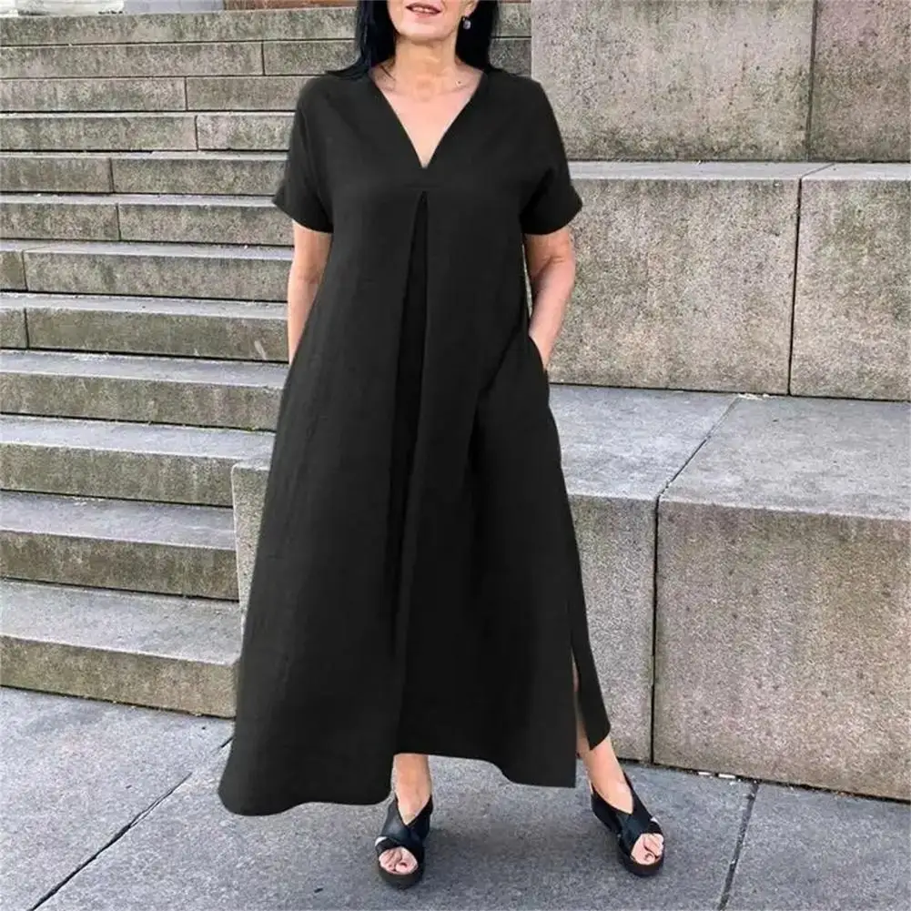 Summer Maxi Dress Loose V Neck A-line Pockets Short Sleeves Pure Color Split Hem OL Commute Daily Wear Women Pullover Long Dress
Summer Maxi Dress Loose V Neck A-line Pockets Short Sleeves Pure Color Split Hem OL Commute Daily Wear Women Pullover Long Dress