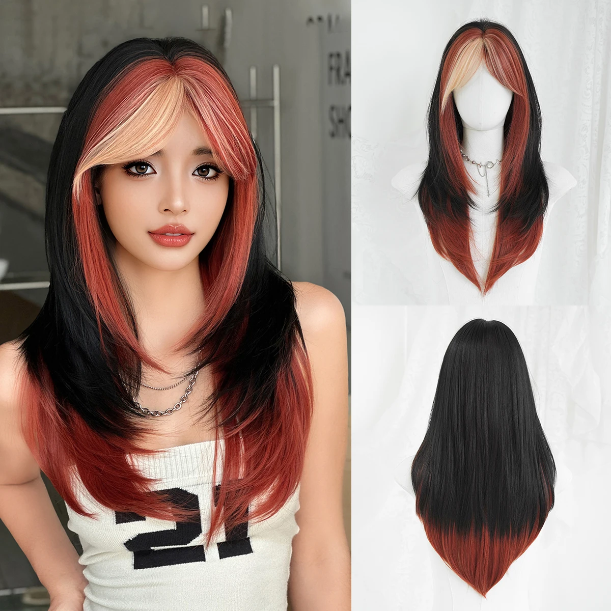 Long Straight Black Ombre Copper Wig for Women Synthetic Layered Modest Fashion Middle Part Wear and Go Wigs with Neat Bangs
Long Straight Black Ombre Copper Wig for Women Synthetic Layered Modest Fashion Middle Part Wear and Go Wigs with Neat Bangs