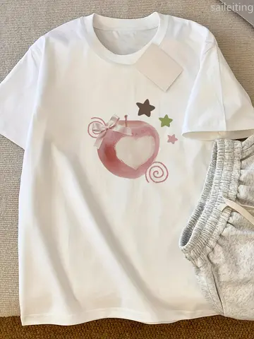 Women's Y2K White TShirt Pure Summer Top with Red Apple Core Heart Graphic Fit Casual Everyday Shirt for Women Aesthetic Clothes