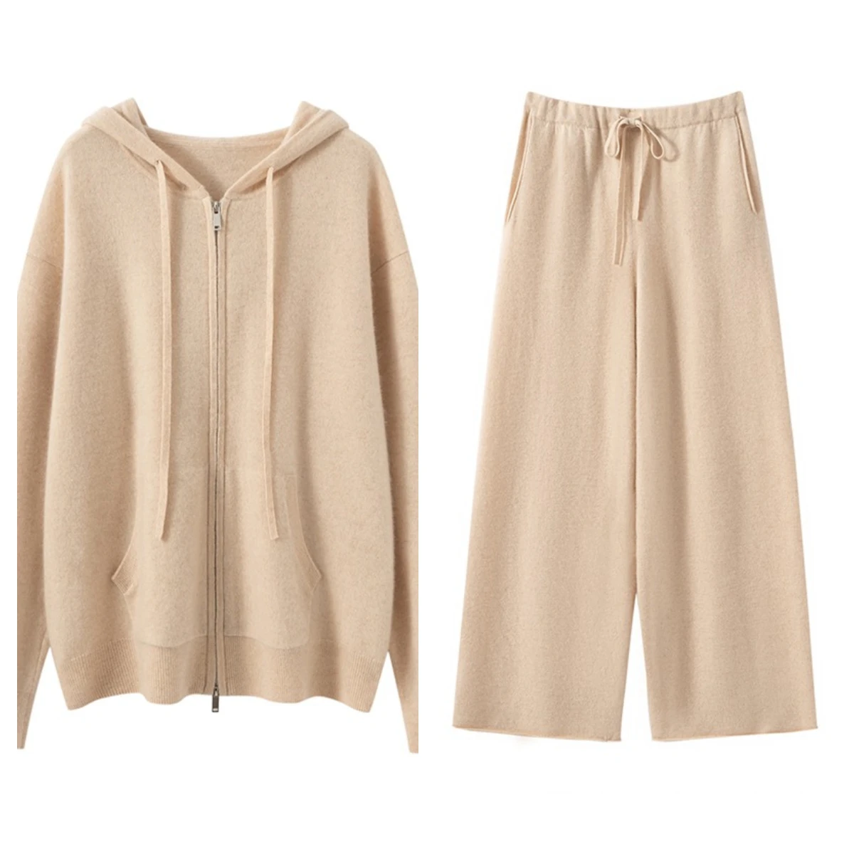 Women's matching set 100% cashmere zipper hooded cardigan loose elastic waist rolled edge wide leg pants pocket two-piece set
Women's matching set 100% cashmere zipper hooded cardigan loose elastic waist rolled edge wide leg pants pocket two-piece set