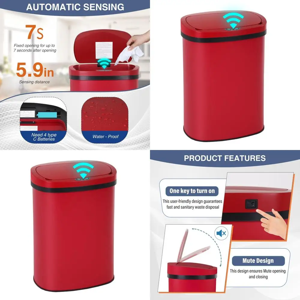 13-Gallon Red Automatic Touch Lid Stainless Steel Trash Can with Motion Sensor, Waterproof for Kitchen, Home, or Office Use
13-Gallon Red Automatic Touch Lid Stainless Steel Trash Can with Motion Sensor, Waterproof for Kitchen, Home, or Office Use